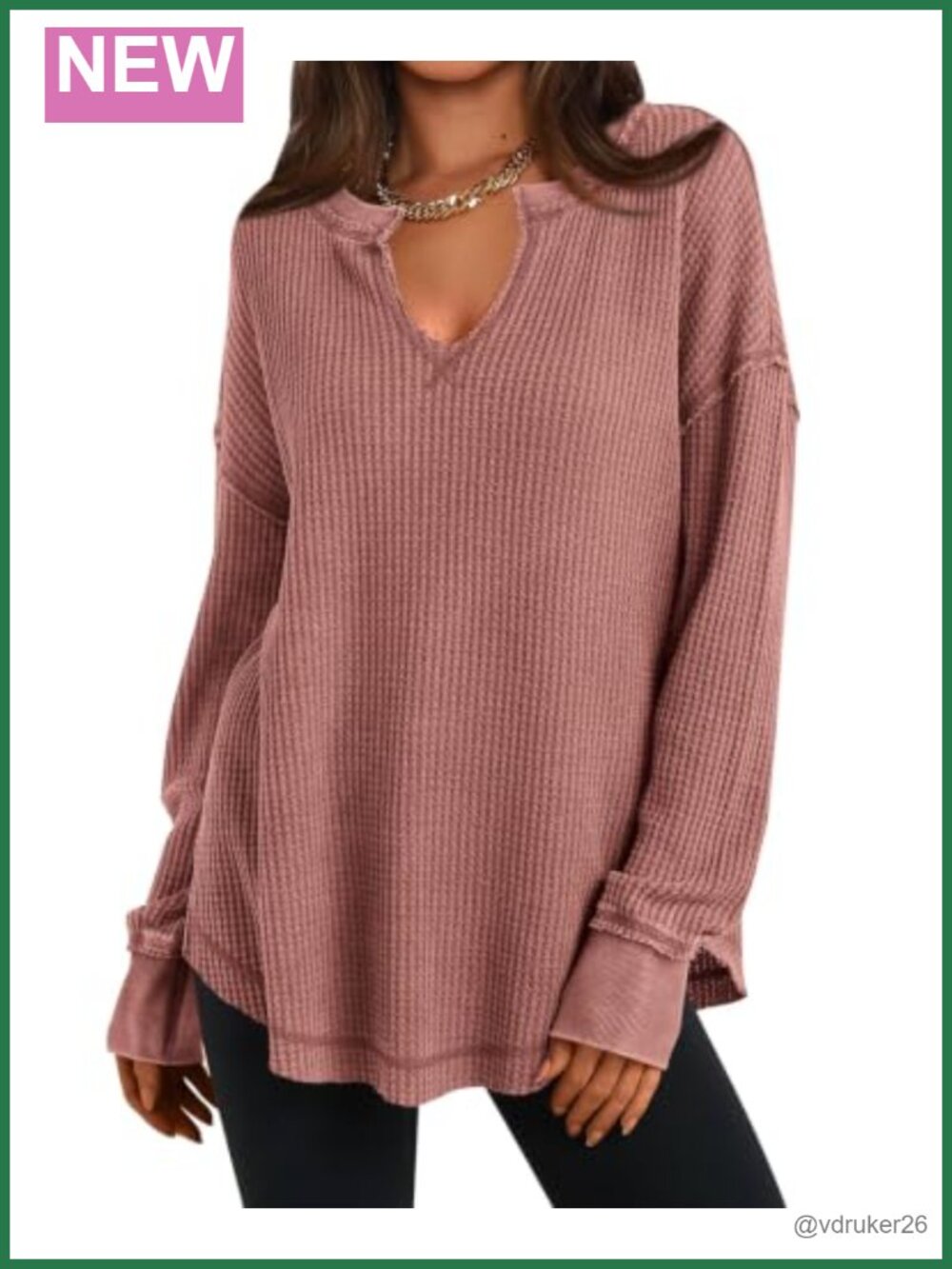 Waffle Knit Long Sleeve Tunic Top Loose Fit V-Neck